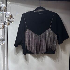 AKIRA Black Fringe Rhinestone Crop Top